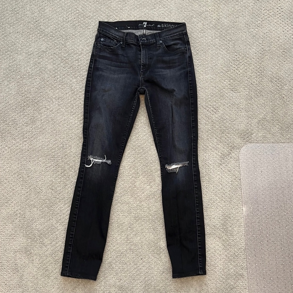 7 for all mankind black skinny high rise jeans with distressed knees